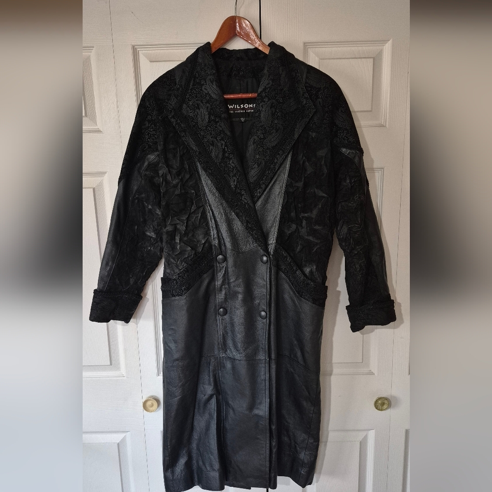 Wilsons 1980s Black Leather Trenchcoat With Paisley And Crinkled Accents Size S